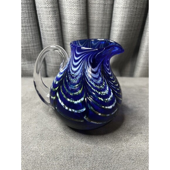 Kyle Gribskov Cobalt Blue Iridescent Inlaid Swirls Wave Blown Art Glass Pitcher - Picture 2 of 16